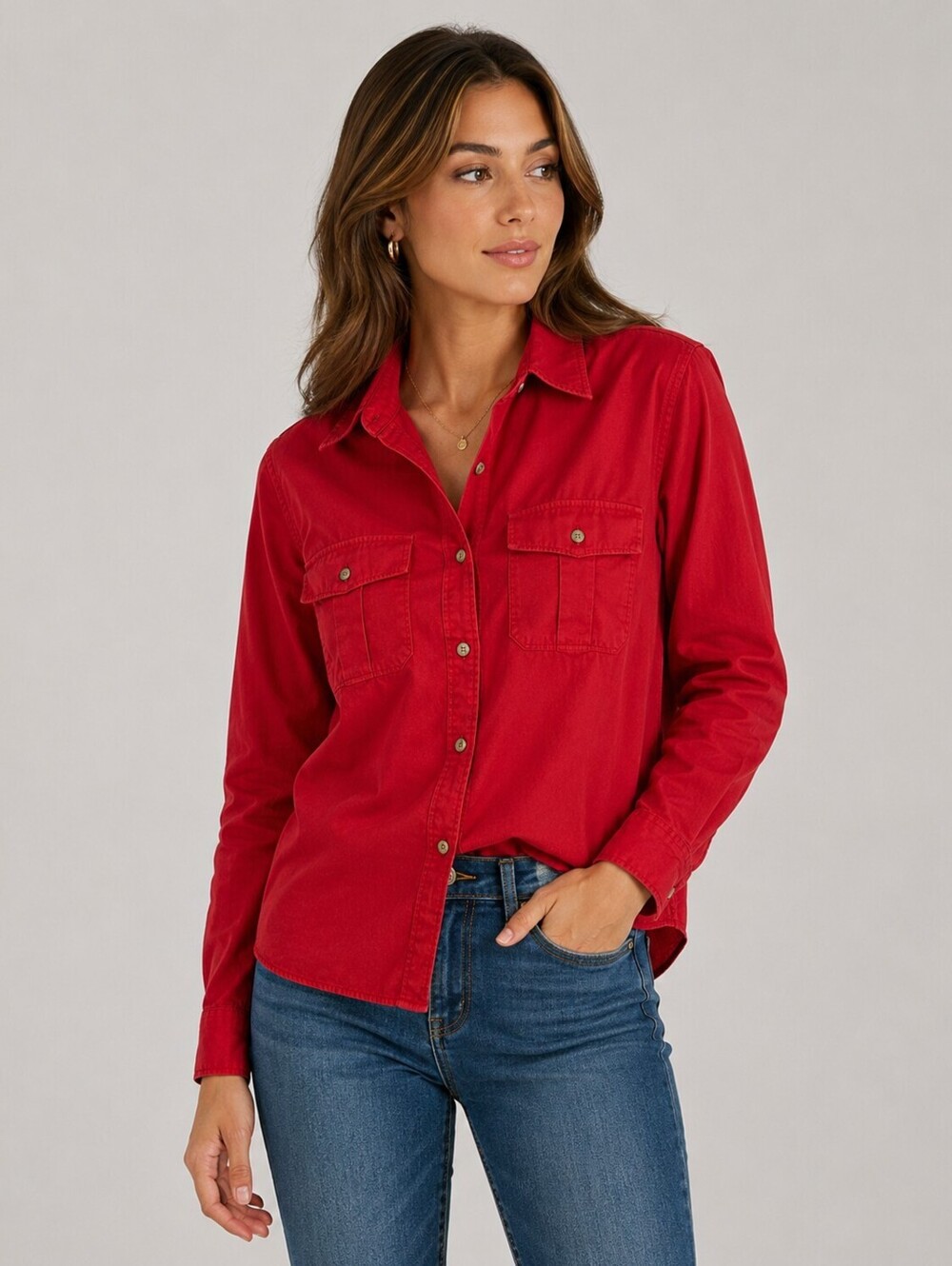 Ralph Lauren Utility Shirt Blouse M Red Cotton Safari Preppy Y2K Roll Sleeves